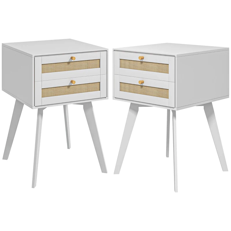 HOMCOM Conjunto de 2 Mesas de Cabeceira Estilo Cannage com 2 Gavetas em Vime Mesas Auxiliares Pequenas 40x40x60 cm Branco