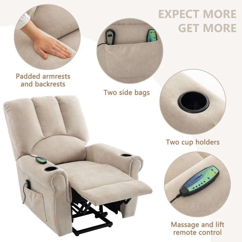 Electric Power Lift Massage Chair with Heating Points, Side Pockets, Stand Assist, Cup Holders, Recliner Armchair for Elderly, 91x90x108 cm, Beige