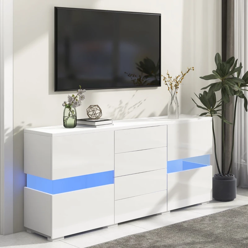 High Gloss Modern Sideboard Cabinet with LED Lights, 2 Doors and 4 Storage Drawers, Chest of Drawers for Living Room, 140x35x72 cm, White