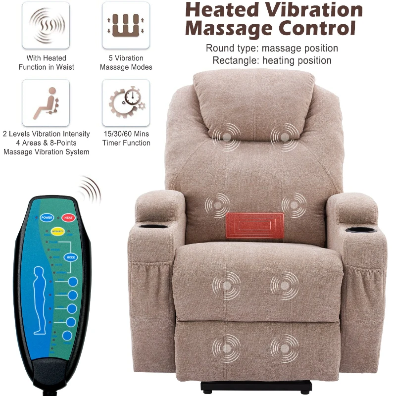 Remote Control Power Lift Massage Chair with Heating Points, Cup Holders, Side Pockets, Electric Lounger Chair for Elderly, 81x73x105 cm, Light Brown