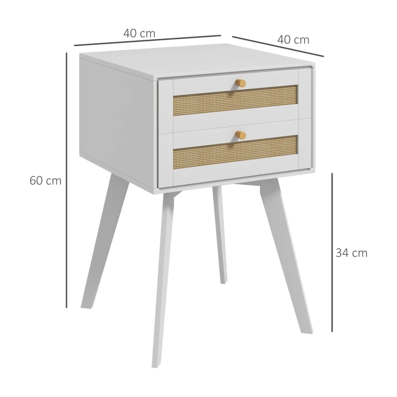 HOMCOM Conjunto de 2 Mesas de Cabeceira Estilo Cannage com 2 Gavetas em Vime Mesas Auxiliares Pequenas 40x40x60 cm Branco