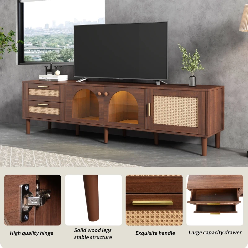 Wooden TV Stand for 80-Inch TV with Rattan Drawers, LED Lighting, Glass Doors, Modern Media Unit for Living Room, 180x40x50 cm, Brown