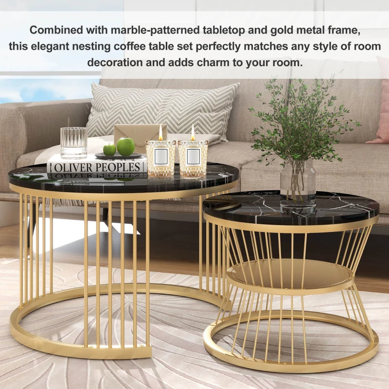 Set of 2 Nesting Coffee Tables with Marble Pattern Top, Gold Metal Frame, Side Tables for Living Room, 70x70x45 cm and 45x45x40 cm, Black
