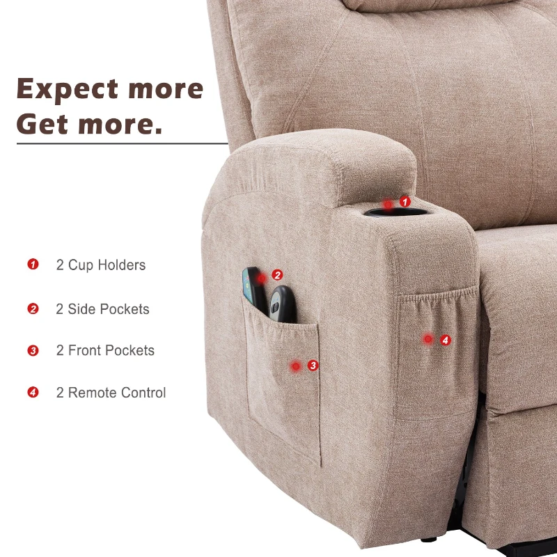 Remote Control Power Lift Massage Chair with Heating Points, Cup Holders, Side Pockets, Electric Lounger Chair for Elderly, 81x73x105 cm, Light Brown