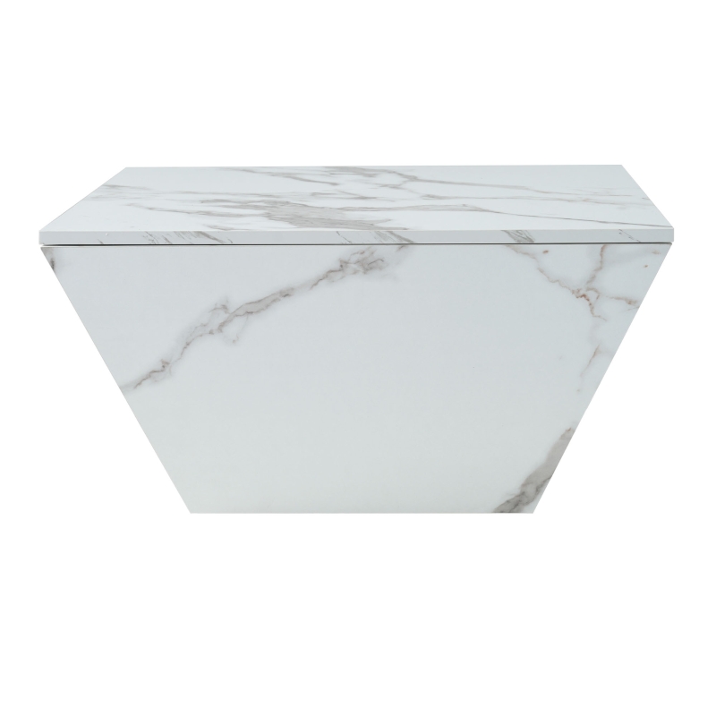 Modern Trapezoidal Coffee Table with 2 Drawers, Marbling Veneer End Table, Side Table with Storage for Living Room, 70x70x37 cm, White