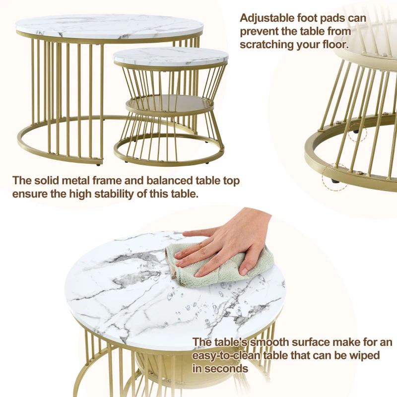 Round Nest of Tables Set of 2 with Marble Pattern Top and Gold Metal Frame, 70x70x45 cm and 45x45x40 cm, White