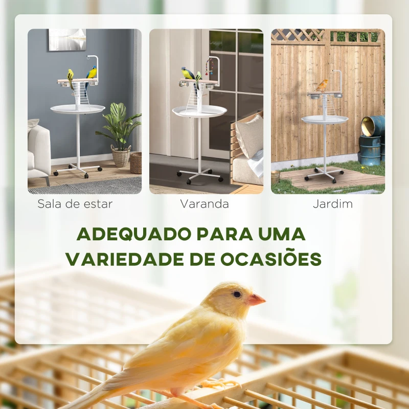 PawHut Comedouro para Pássaros em Pé Ø60x138 cm com 4 Rodas 2 Recipientes de Aço Inoxidável e 2 Poleiros Branco