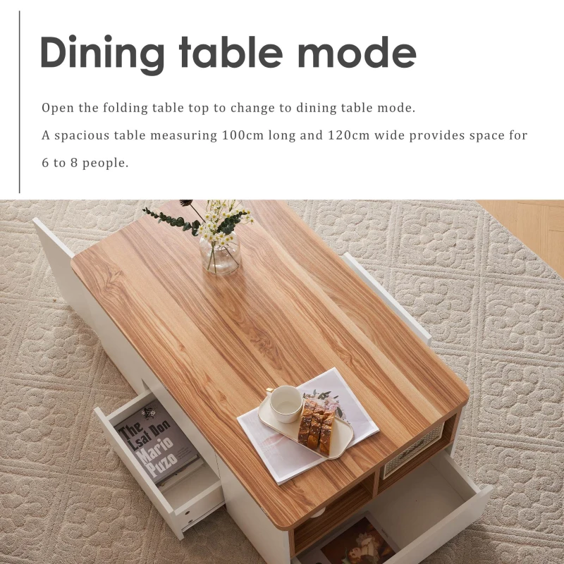 Lift-Top Coffee Table with Storage, 3 Drawers and Adjustable Height, 100x51x47 cm, White & Oak