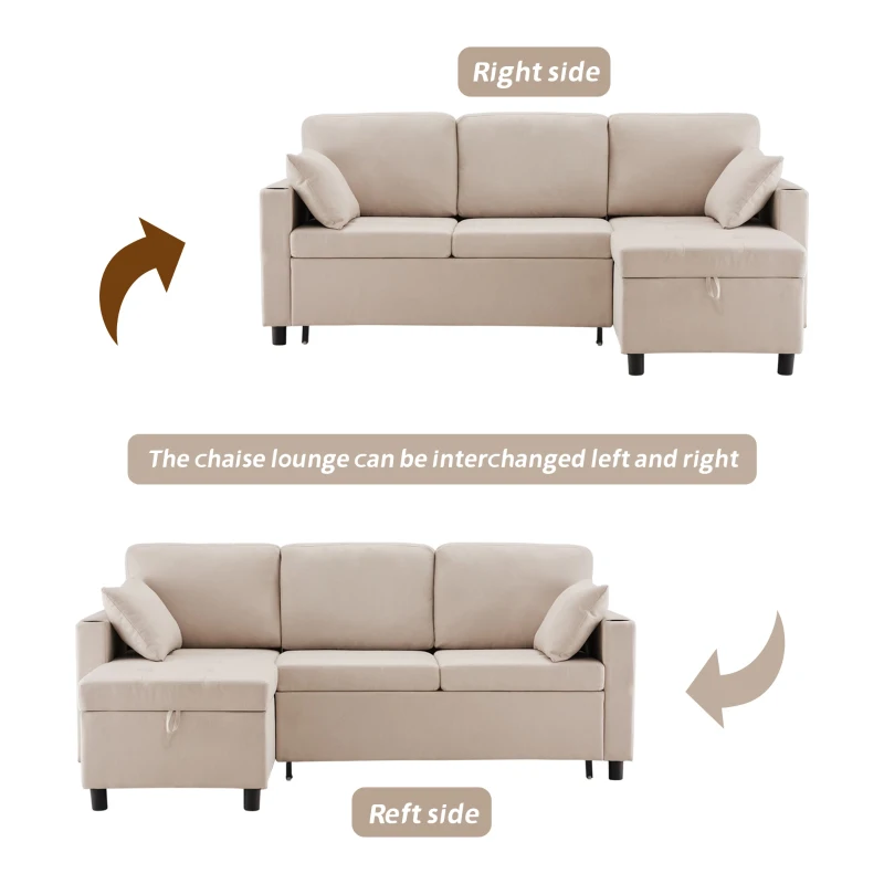 Linen Look L-Shaped Corner Sofa Bed with Storage, 3 Seater Convertible Settee with Cup Holders and Magazine Pockets, 212x141x87.5 cm, Beige