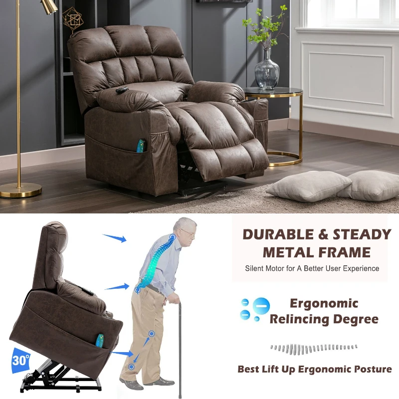 Ergonomic Leather Recliner Chair with Heating, Power Lift Mechanism, Electric Heavy Duty Massage Chair for Elderly, 93x93x102 cm, Brown