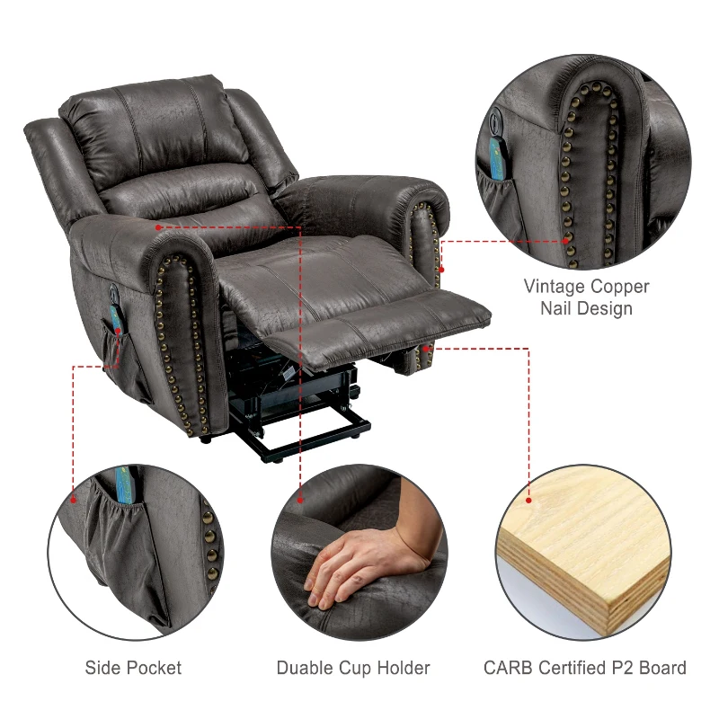 Large Power Lift Recliner Massage Chair with Heat, Heavy Duty Electric Reclining Chair with USB Port and Side Pockets, 104x106x102 cm, Grey