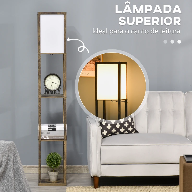 HOMCOM Candeeiro de Pé de Madeira com 3 Prateleiras para Lâmpada E27 Potência Máx. 40W 26x26x160 cm Marrom Rústico