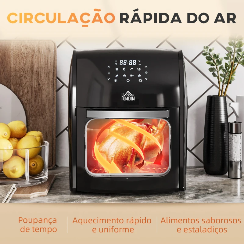 HOMCOM Fritadeira sem Óleo 3 em 1 12L Forno de Ar Desidratador com 8 Programas Função de Iluminação Ecrã Digital Janela 35x33,5x40 cm Preto