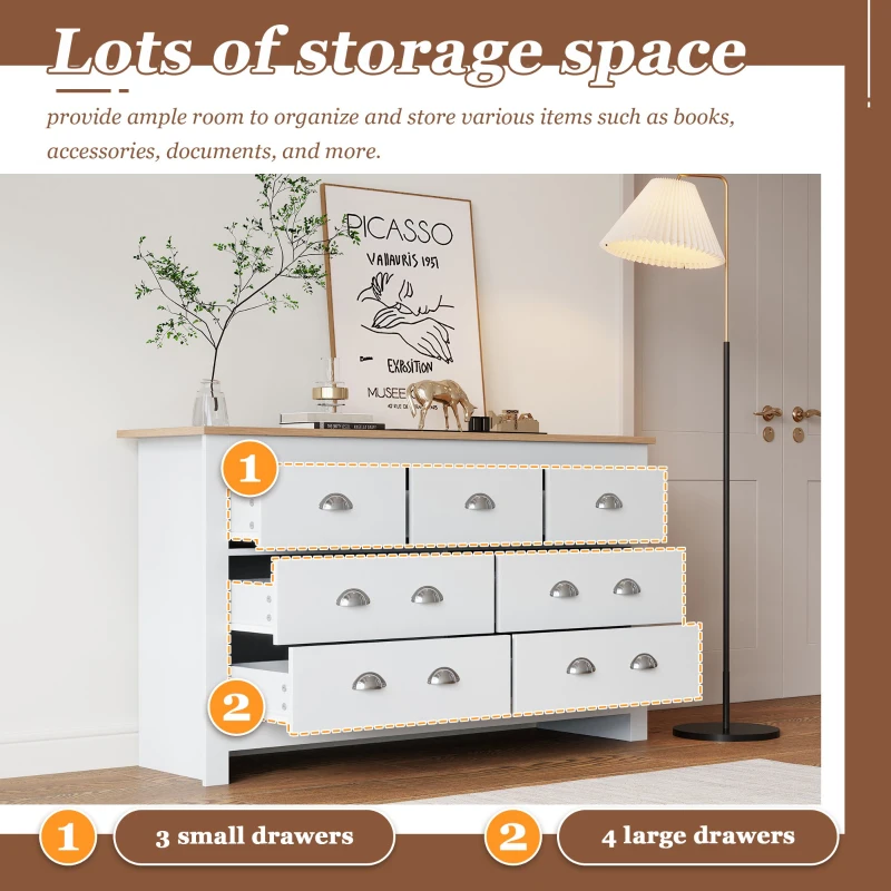 Mid-Century Modern Sideboard with 7 Drawers, Smooth Slide and Exquisite Door Handle, Cupboard for Hallway, 140x40x81 cm, White