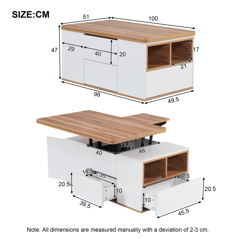 Lift-Top Coffee Table with Storage, 3 Drawers and Adjustable Height, 100x51x47 cm, White & Oak