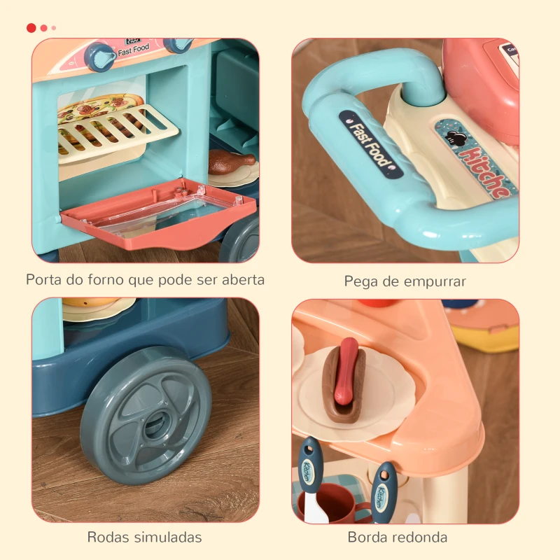 HOMCOM Cozinha de Brinquedo para Crianças de 3 a 6 Anos com Rodas Caixa Registradora e 50 Acessórios 79,5x33x90,5 cm Multicolor