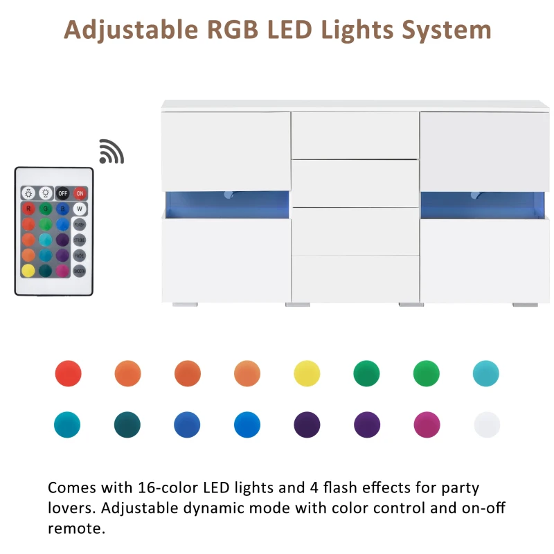 High Gloss Modern Sideboard Cabinet with LED Lights, 2 Doors and 4 Storage Drawers, Chest of Drawers for Living Room, 140x35x72 cm, White