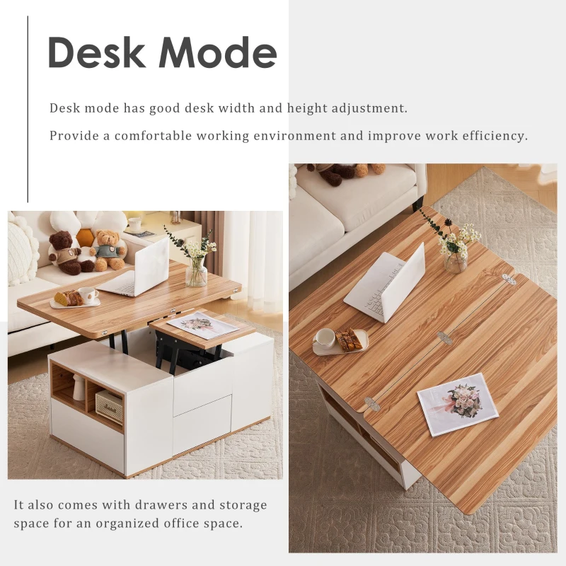 Lift-Top Coffee Table with Storage, 3 Drawers and Adjustable Height, 100x51x47 cm, White & Oak