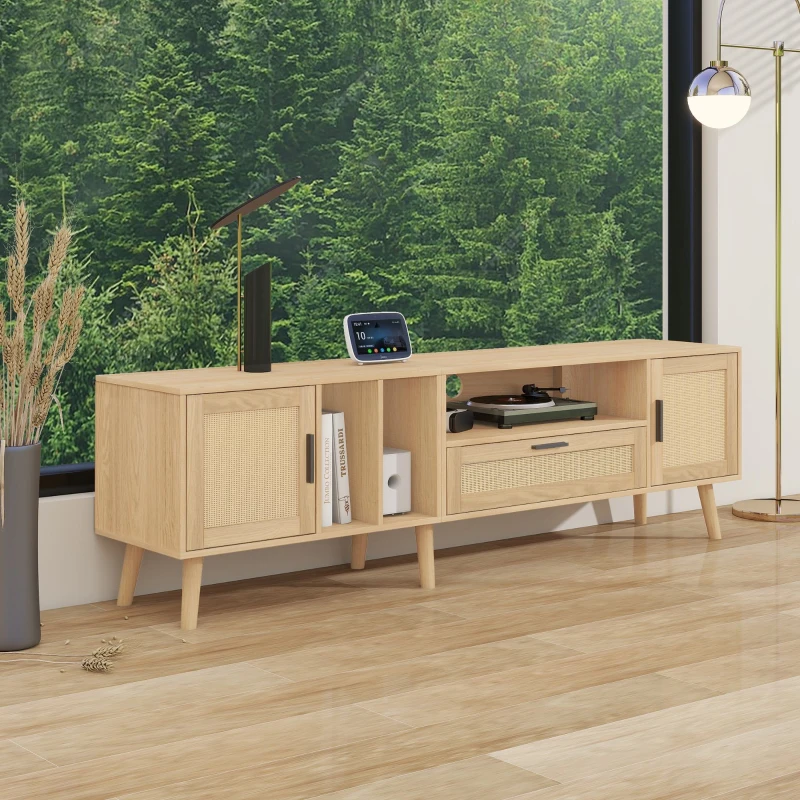 TV Units Modern with 2 Doors & Drawer, Solid Wooden Legs & Rattan Decoration, Up to 80'' TV Size - Oak
