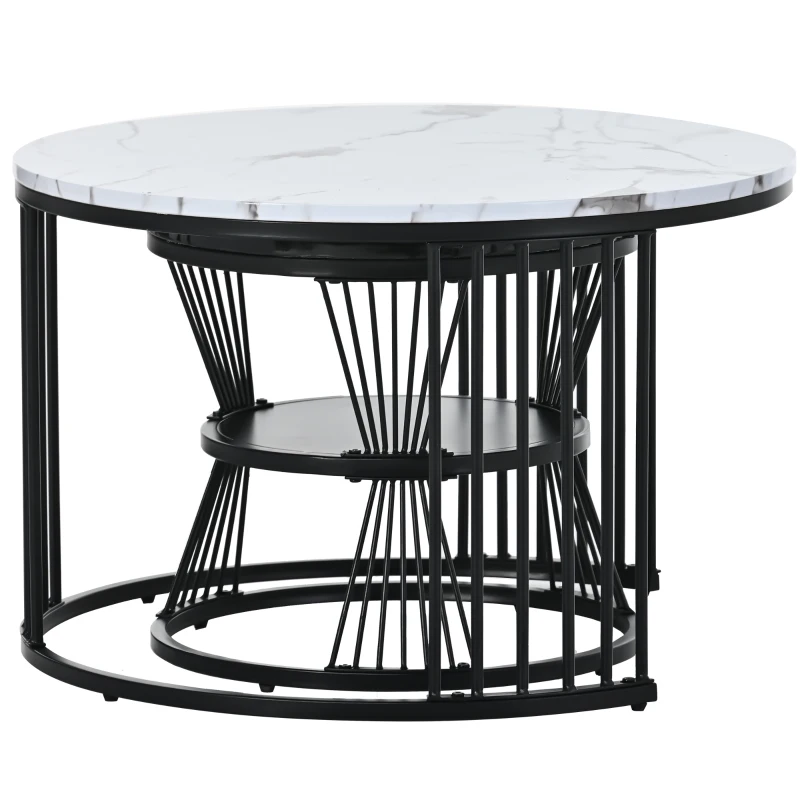 Modern Nesting Coffee Table with Marble Finish, Round Side Tables with Metal Frame, 70x70x45 cm and 45x45x40 cm, Black+White