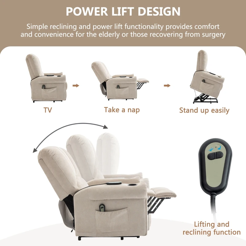 Electric Power Lift Massage Chair with Heating Points, Side Pockets, Stand Assist, Cup Holders, Recliner Armchair for Elderly, 91x90x108 cm, Beige