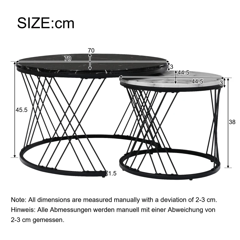 Nesting Coffee Tables with Marble Top, Metal Frame, Sofa Side Tables for Bedroom, Living Room, 70x70x45.5 cm and 44.5x44.5x38 cm, Black