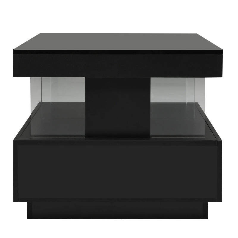 High Gloss Modern Coffee Table with 16-Colour LED Lights, 2 Drawers and Open Storage, Side Table for Drawing Room, 100x60x49.5 cm, Black