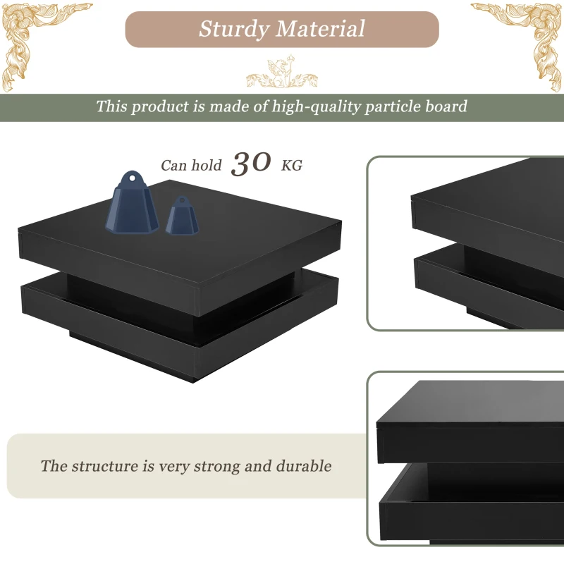 Stylish High Gloss Coffee Table with Rotating Top, 16-Colour LED Light, Rectangular Occasional Table with Lift Top, 70x70x36 cm, Black