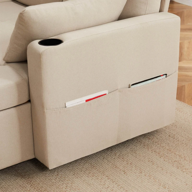Linen Look L-Shaped Corner Sofa Bed with Storage, 3 Seater Convertible Settee with Cup Holders and Magazine Pockets, 212x141x87.5 cm, Beige