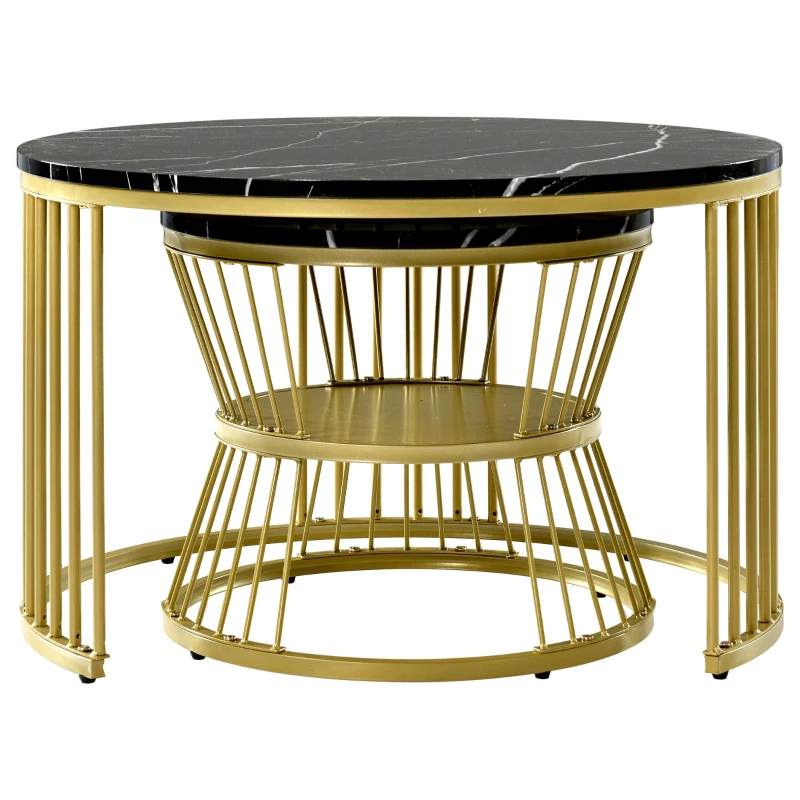 Set of 2 Nesting Coffee Tables with Marble Pattern Top, Gold Metal Frame, Side Tables for Living Room, 70x70x45 cm and 45x45x40 cm, Black