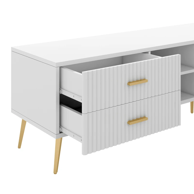 Modern TV Units with Storage for 75-Inch Televisions, MDF Construction, Gold Metal Legs, 180x35x41 cm, White