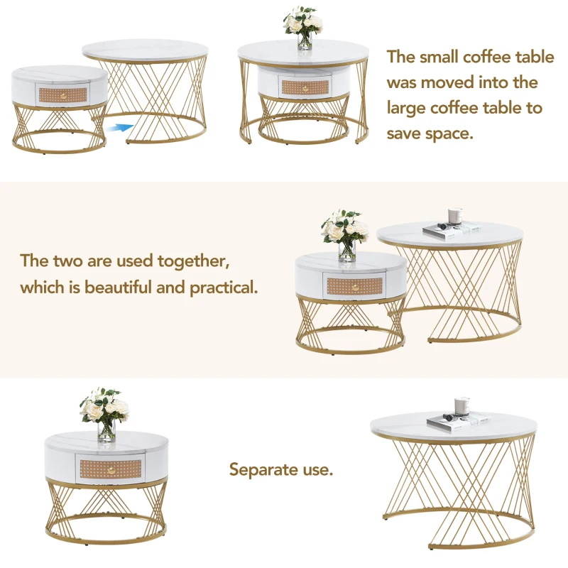 2-Piece Nesting Coffee Table with Storage Drawer, Marble-Style PVC Tabletops, Adjustable Height Footpads, 71x71x46 cm, White