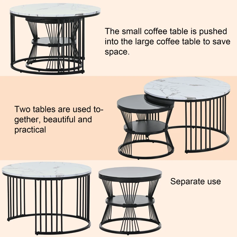 Modern Nesting Coffee Table with Marble Finish, Round Side Tables with Metal Frame, 70x70x45 cm and 45x45x40 cm, Black+White