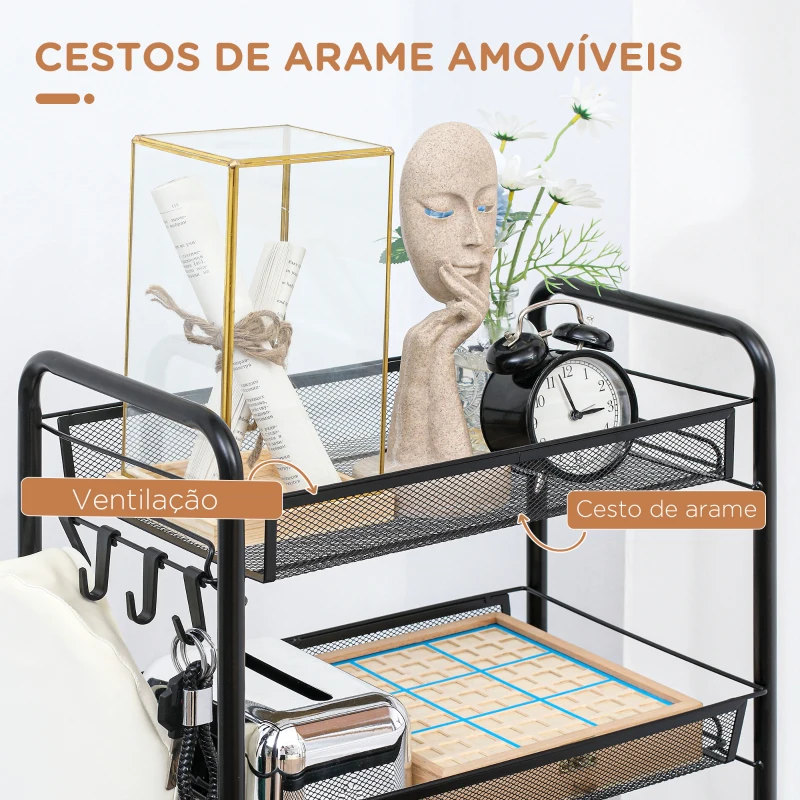 HOMCOM Carrinho Auxiliar com Rodas de 5 Níveis com Cestos de Malha Removíveis e Estrutura de Aço 45x26,5x106 cm Preto