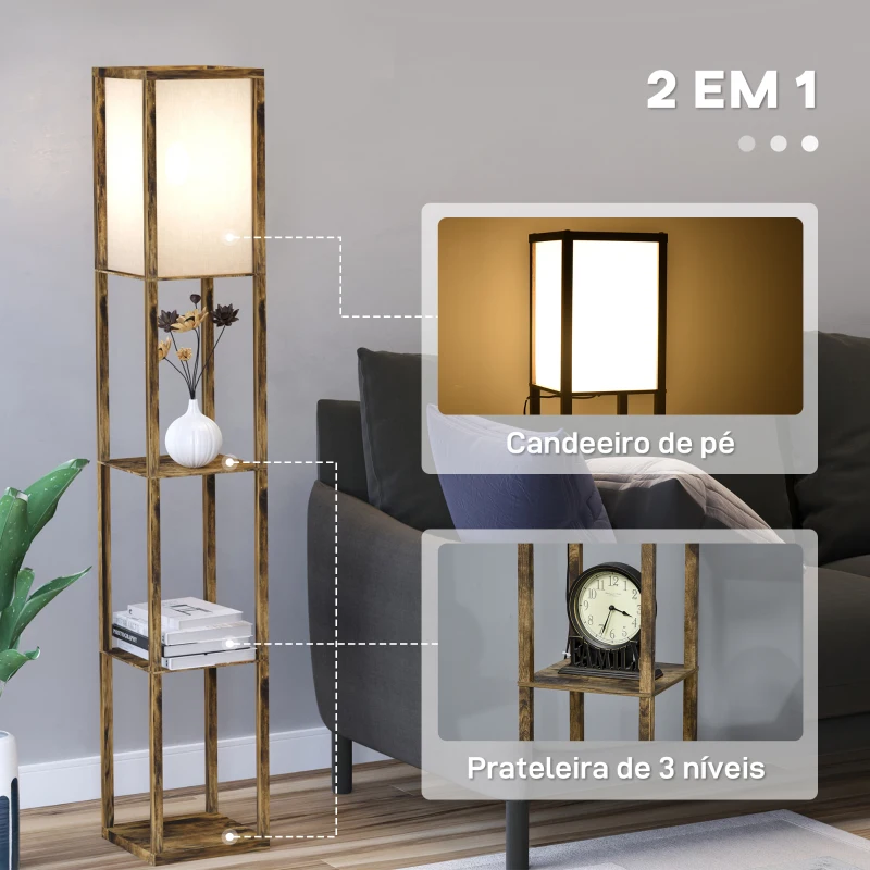 HOMCOM Candeeiro de Pé de Madeira com 3 Prateleiras para Lâmpada E27 Potência Máx. 40W 26x26x160 cm Marrom Rústico