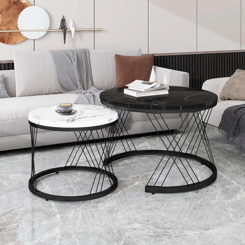 Nesting Coffee Tables with Marble Top, Metal Frame, Sofa Side Tables for Bedroom, Living Room, 70x70x45.5 cm and 44.5x44.5x38 cm, Black