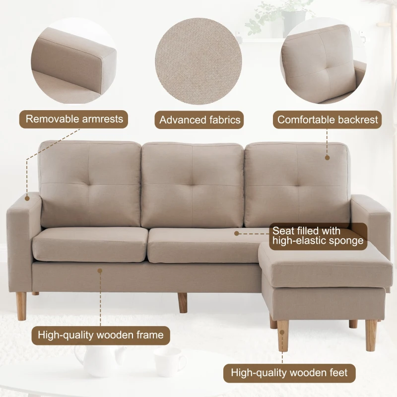 6.5ft 3 Seater Sofa Bed with Removable Footrest, Solid Wood Frame and Legs, 190x76x84 cm, Beige