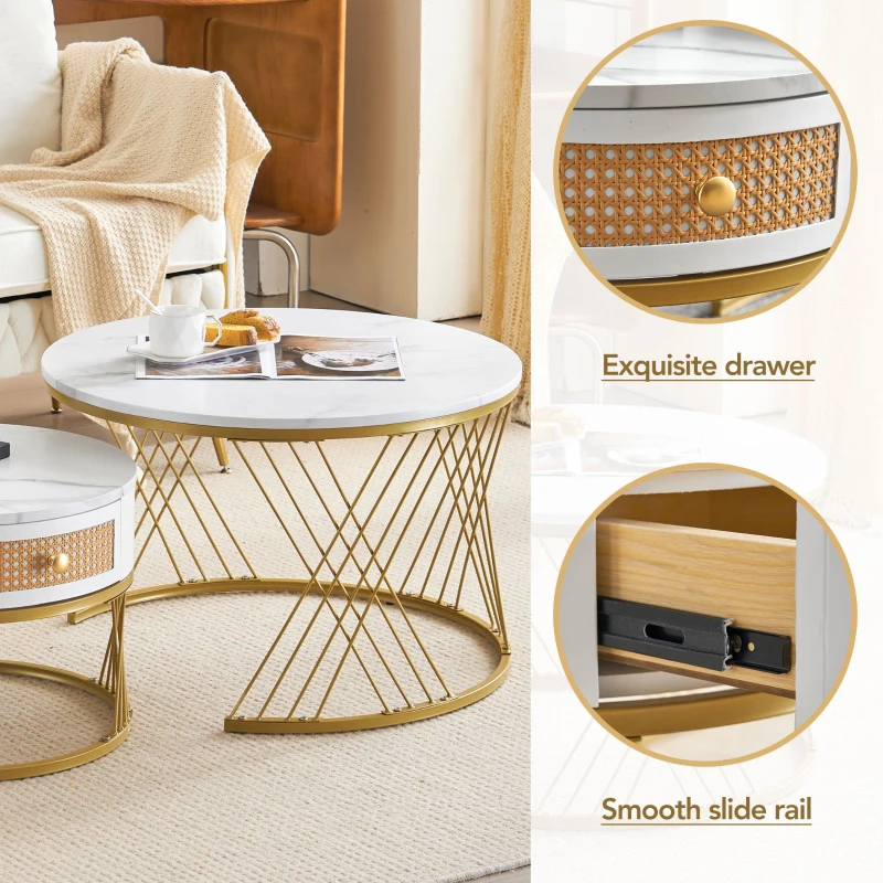 2-Piece Nesting Coffee Table with Storage Drawer, Marble-Style PVC Tabletops, Adjustable Height Footpads, 71x71x46 cm, White