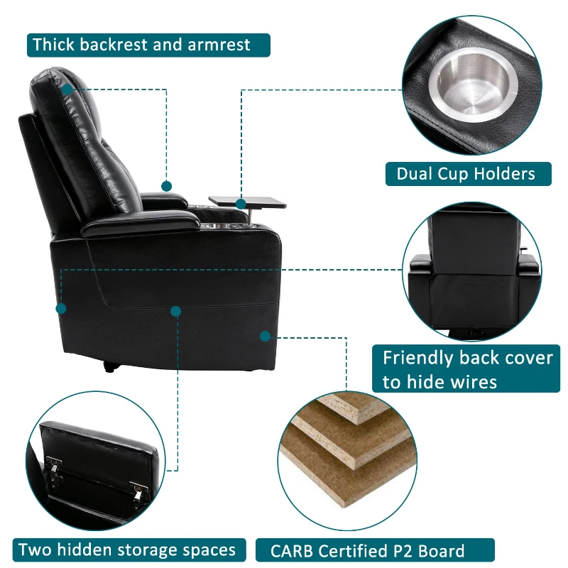 360° Swivel Leather Recliner Chair with USB Port, Cup Holders, Ambient Light, Adjustable Electric Gaming Recliner Chair, 92x80x108 cm, Black