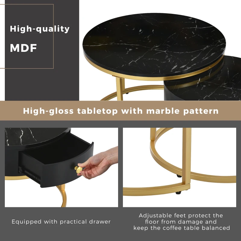 Round Nesting Coffee Tables with Storage Drawer, Gold Metal Frame, Marble Pattern Top, Sofa Side Table for Living Room, Bedroom, Office, Black
