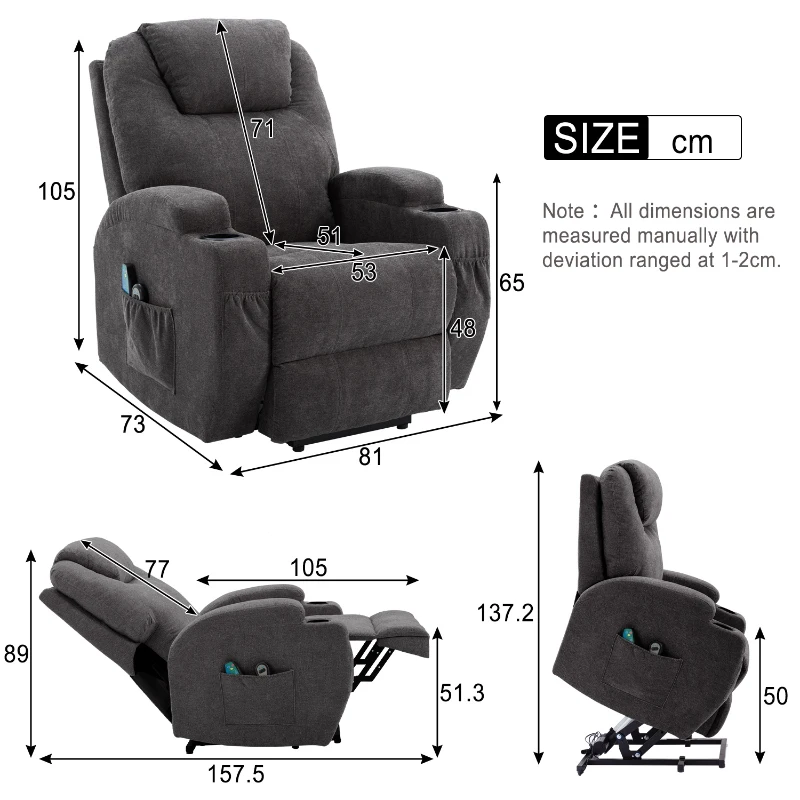 Power Lift Electric Recliner Chair with Massage, Heating, Cup Holders and Side Pockets, Recliner Armchair for Elderly, 81x73x105 cm, Grey