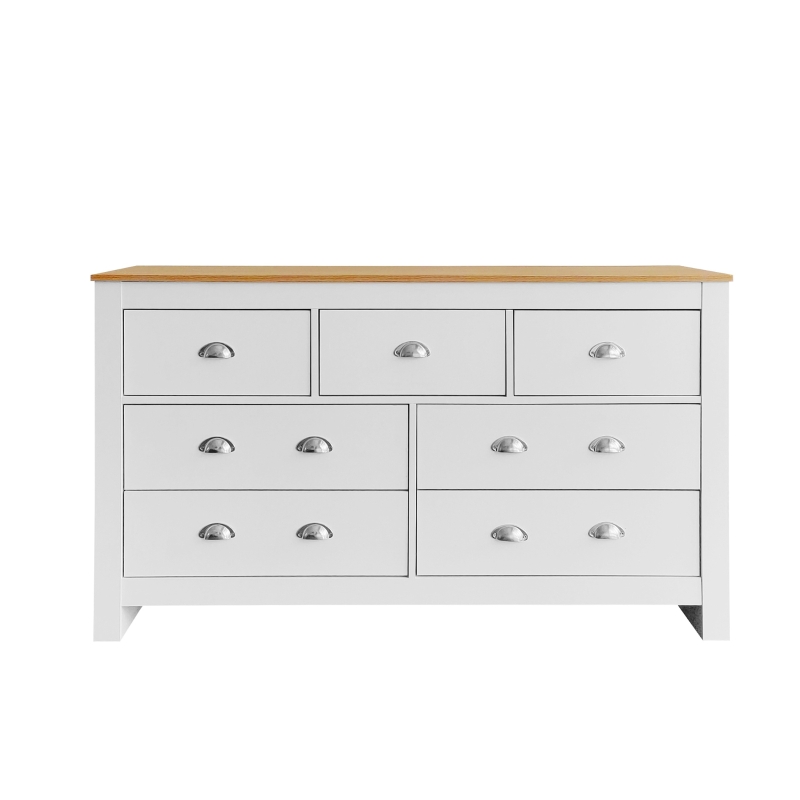 Mid-Century Modern Sideboard with 7 Drawers, Smooth Slide and Exquisite Door Handle, Cupboard for Hallway, 140x40x81 cm, White