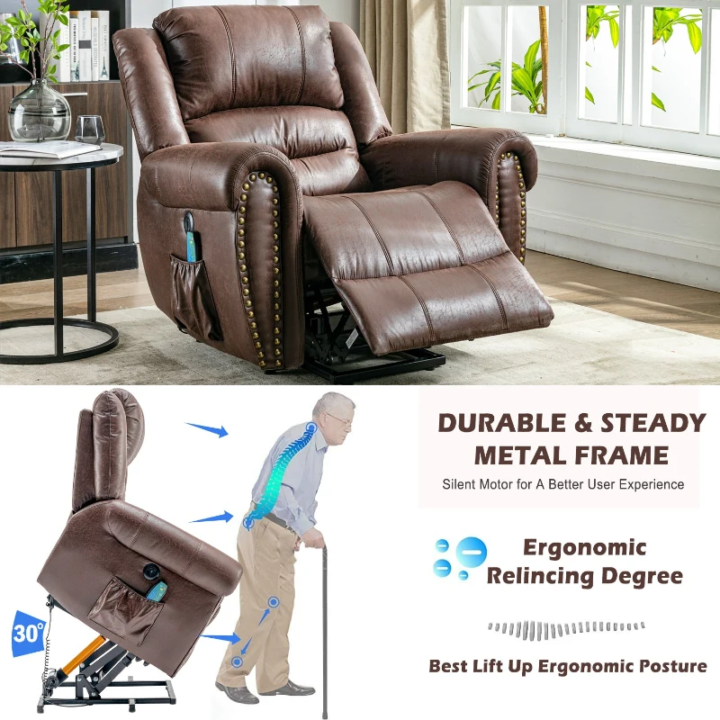 Large Executive Power Lift Recliner Chair with Heating Massage Points, Heavy Duty Electric Faux Leather Recliner with USB Port and Side Pockets, 104x106x102 cm, Brown