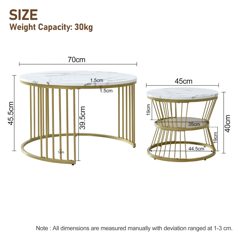 Round Nest of Tables Set of 2 with Marble Pattern Top and Gold Metal Frame, 70x70x45 cm and 45x45x40 cm, White