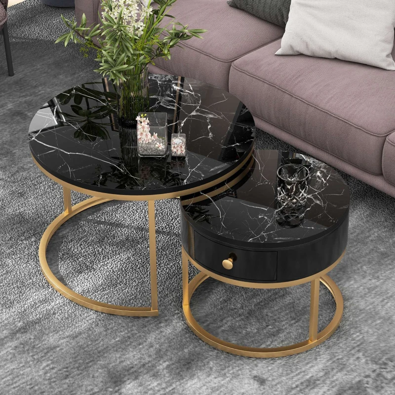 Round Nesting Coffee Tables with Storage Drawer, Gold Metal Frame, Marble Pattern Top, Sofa Side Table for Living Room, Bedroom, Office, Black