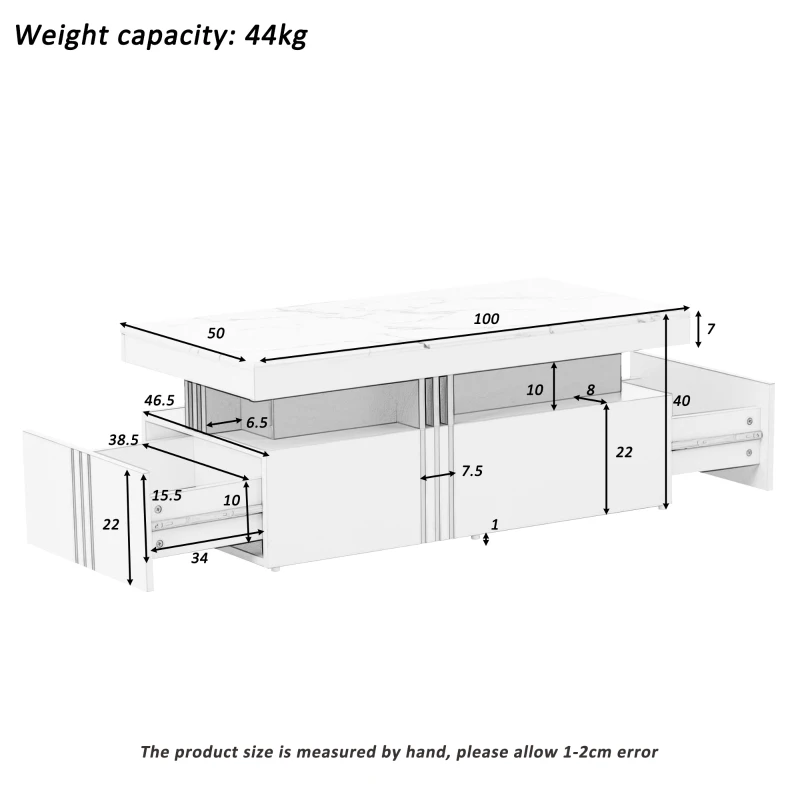 Modern Rectangular Coffee Table with PVC Pattern Top and 2 Wooden Drawers, Living Room Table, 100x50x40 cm, White