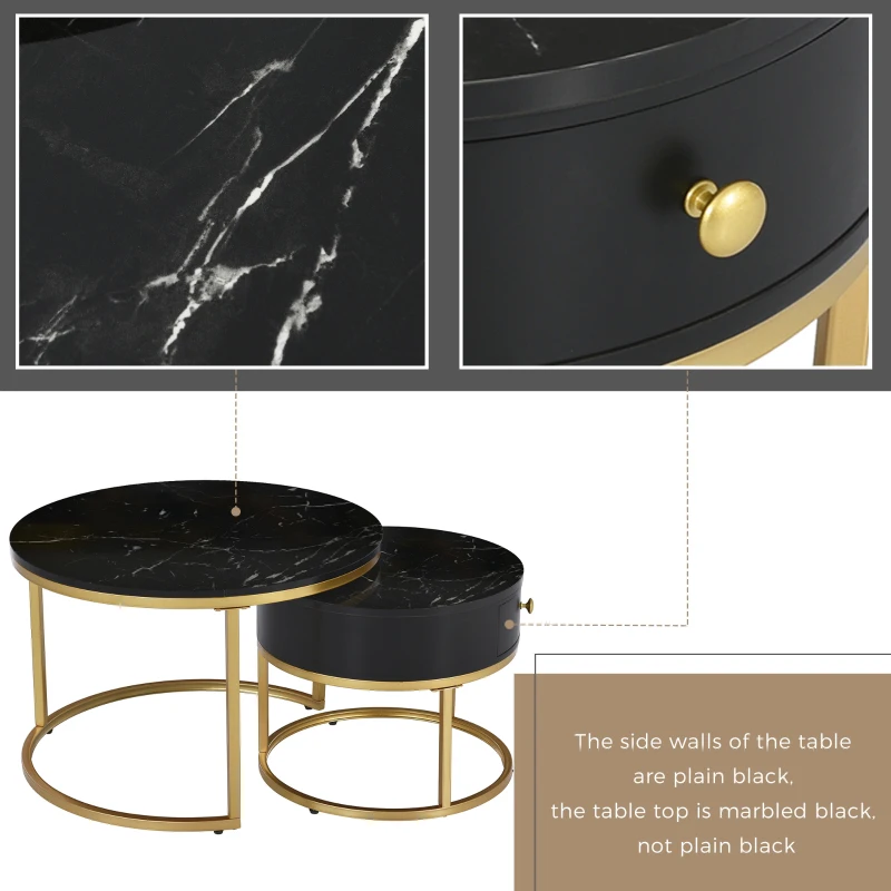 Round Nesting Coffee Tables with Storage Drawer, Gold Metal Frame, Marble Pattern Top, Sofa Side Table for Living Room, Bedroom, Office, Black