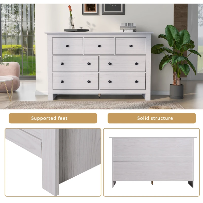 Sideboard Storage Cabinet with 7 Drawers, High-Quality Chipboard, Easy Assembly, 140x40x89 cm, Modern Freestanding Organizer for Living Room or Bedroom, White