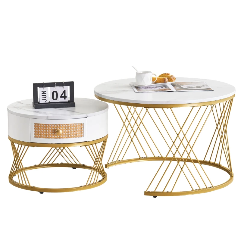 2-Piece Nesting Coffee Table with Storage Drawer, Marble-Style PVC Tabletops, Adjustable Height Footpads, 71x71x46 cm, White