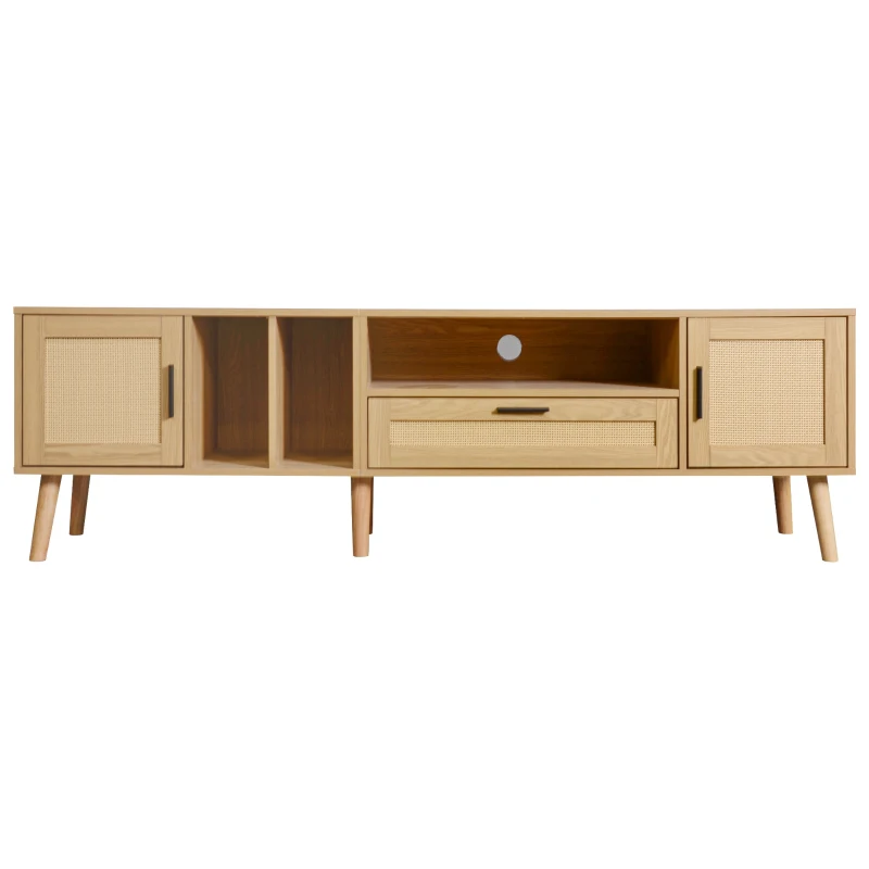 TV Units Modern with 2 Doors & Drawer, Solid Wooden Legs & Rattan Decoration, Up to 80'' TV Size - Oak